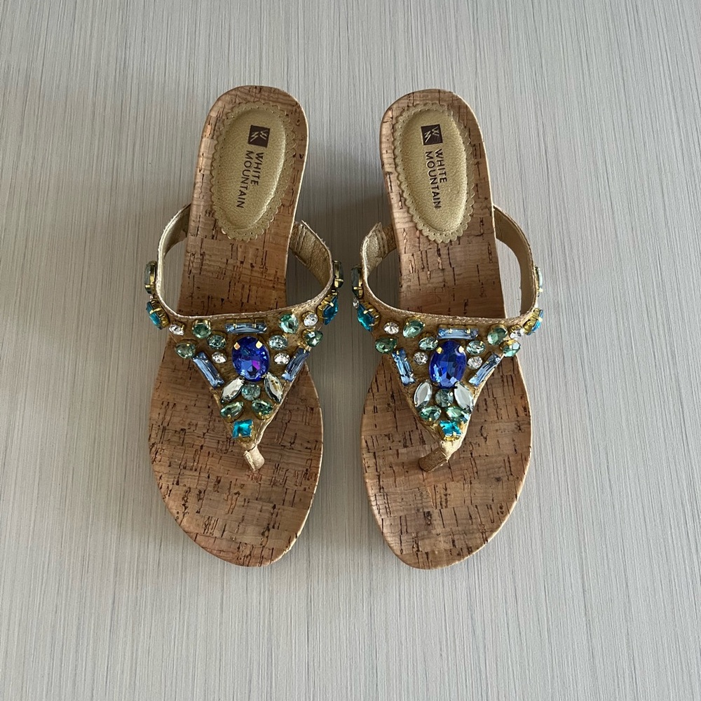 White Mountain Gold & Cork Sandals with Gems